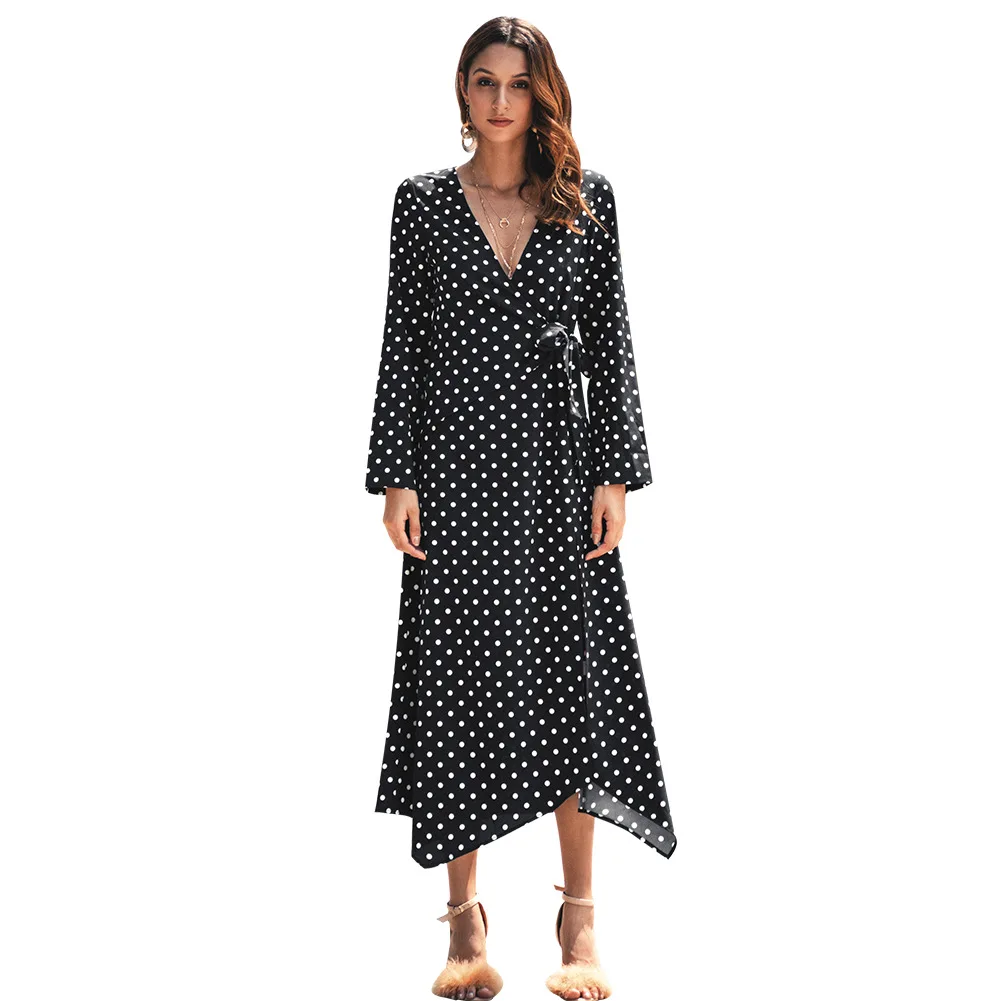 

Sexy polka dots women dress Summer Deep v neck sashes robe dresses Elegant long sleeve female vestidos Vintage Party Dresses