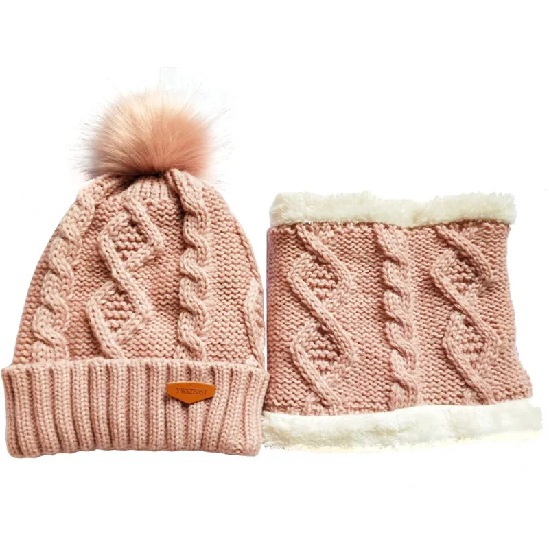 Pink women set Новые плюшевые вязанные женские зимние шапки вязанные крючком шеи шарф воротник искусственный мех шар-помпон шапка для зимы девушки женские шапочки шапка - Цвет: Pink women set