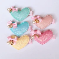 15pcslot korea glitter felt leather hearts hair clip with mini ribbon bow hair accessories shinning synthetic top quality