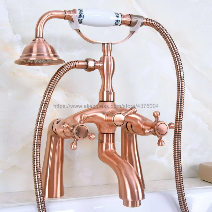 Antique Red Copper Bathtub Faucet Wall Mount Handheld Bath Tub Mixer System with Handshower Telephone Style Nna155  - buy with discount