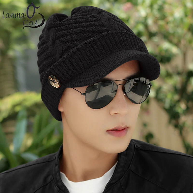 Lanmaocat Knitting Hat Men Women Winter Knitting Hats Warm Cap with Visor Wool Winter Knitting Hats Free Shipping