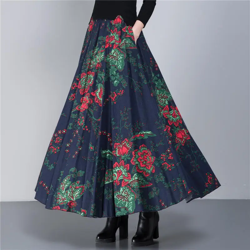 Blue red Весенне-осенняя Длинная женская юбка Vestidos, Повседневная тонкая хлопковая льняная юбка с принтом размера плюс, юбка макси, элегантные винтажные юбки с карманами Q629 - Цвет: Blue red