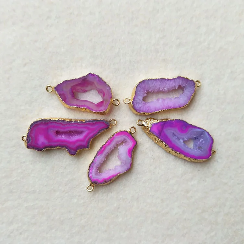 5 шт. ярко розовый Freeform Натуральный Druzy Drusy Agat e фрагмент жеоды коннектор золотого