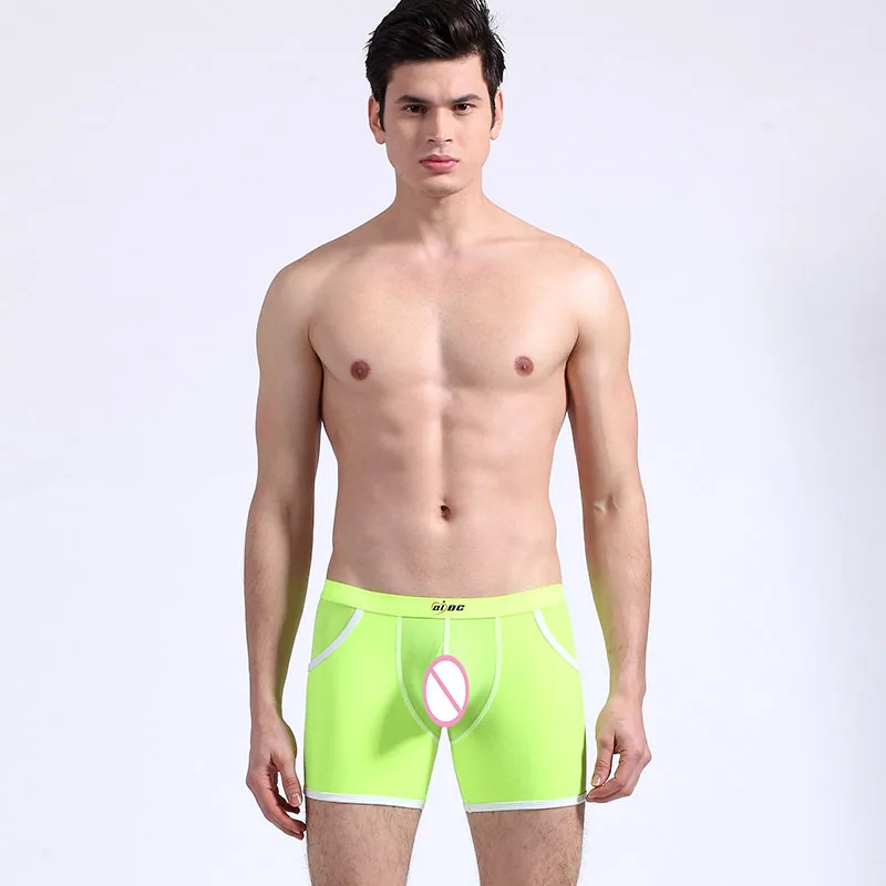 grass green Нижнее белье Мужские Длинные боксеры сексуальные прозрачные сетчатые марлевые кружевные трусики мужские s Sheer See through шорты Ice Silk Gay Sissy Pouch боксеры - Цвет: grass green