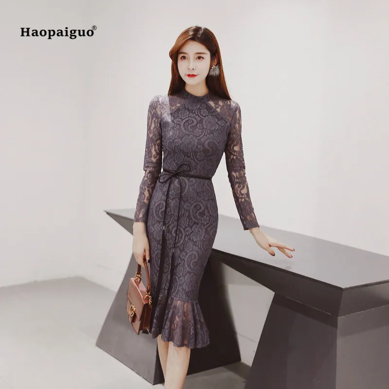 

Plus Size Mermaid Dress Summer Gray Black Green Full Sleeve Stand Lace Vintage Elegant Dress Casual Office Korean Dresses Ladies