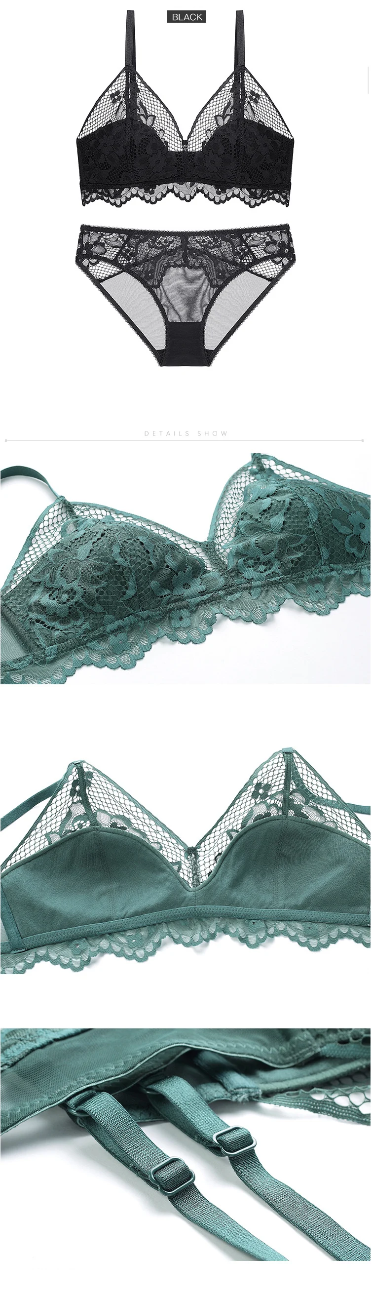 sexy mousse half cup bra sets women underwear lace mesh deep V flower wireless young girl see through panties new black green