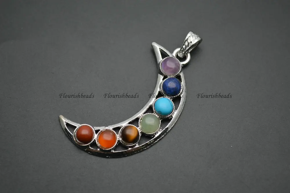 Смешанный камень Кабошоны чакра Луна Форма металлический кулон Мода энергия