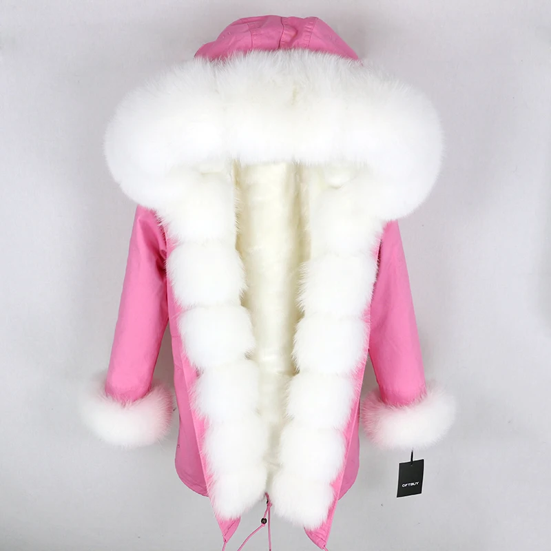 pink white Brand Real Fur Coat Fashion Winter Jacket Women Natural Real Fox Fur Collar Loose Long Parkas Big Fur Outerwear Detachable - Цвет: pink white