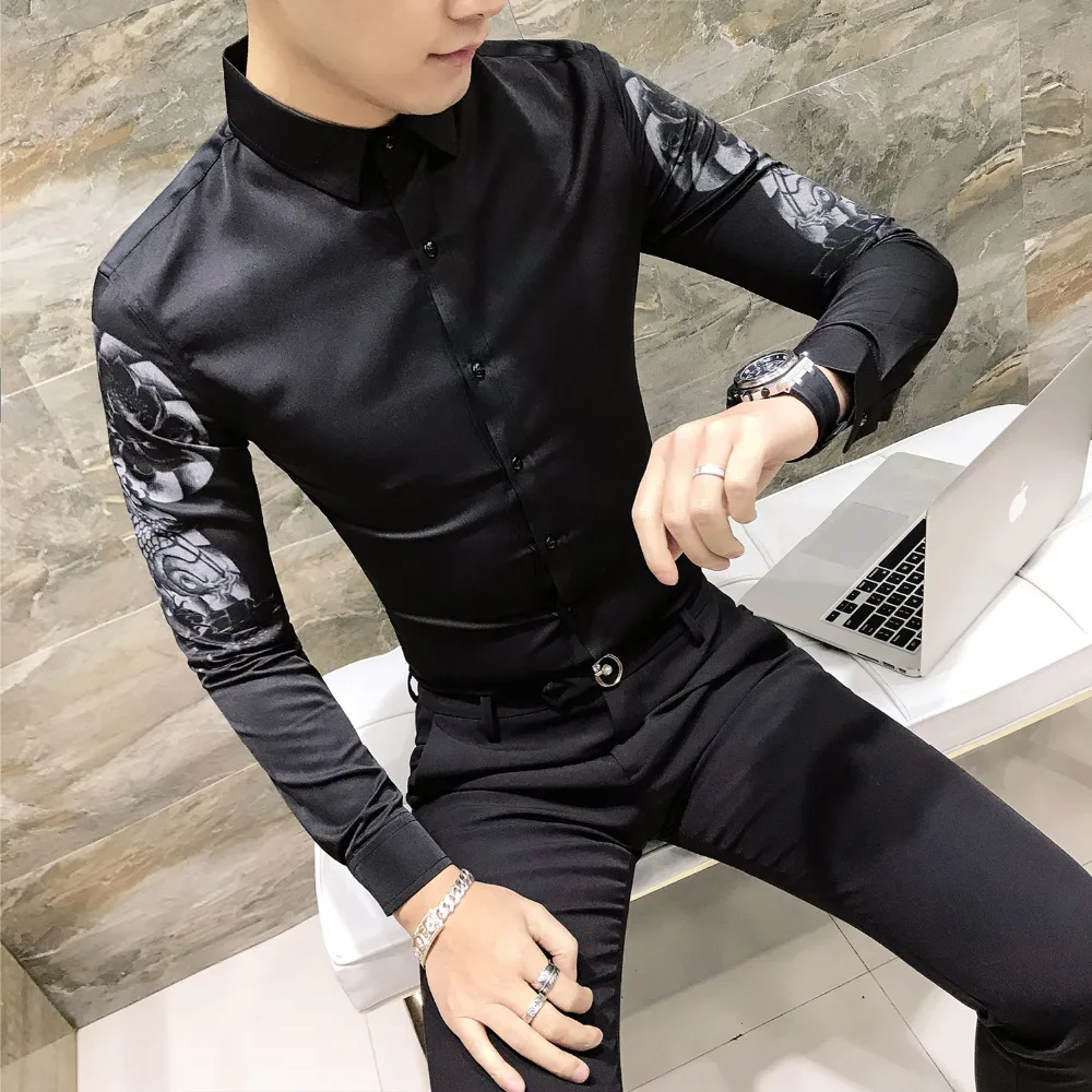 Новая мода Мужская рубашка платье Slim Fit с длинным рукавом цветочным принтом