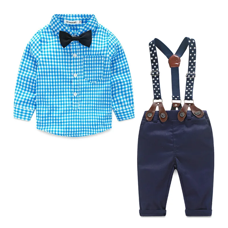 

Baby Infant Boy Handsome Clothing Set Plaid Shirt + Strap Pant Suit,gentleman Style Boys Newborn 2pcs Pants Suits