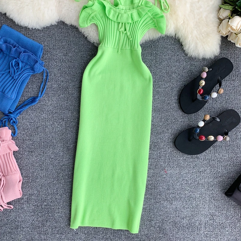 ALPHALMODA японское Милое трикотажное платье с оборками, высокая талия, женское сексуальное платье на бретелях, Пляжное праздничное вязаное платье, карамельный цвет