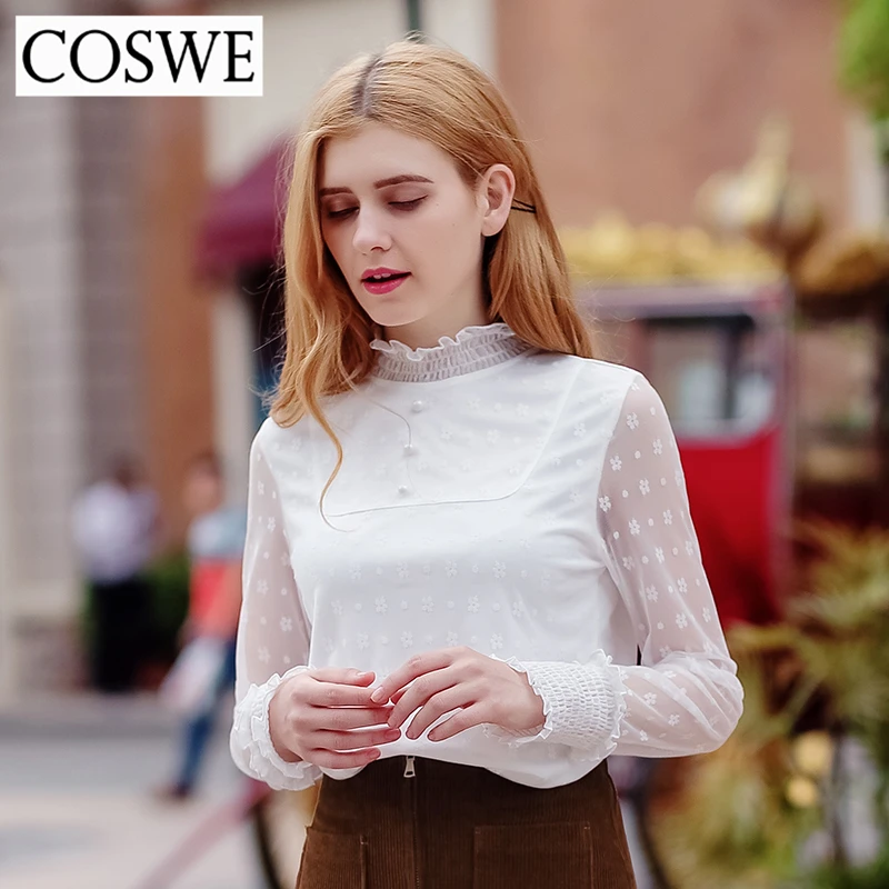 Coswe Новый зима-осень белый Кружево шифон Рубашки для мальчиков Для женщин с