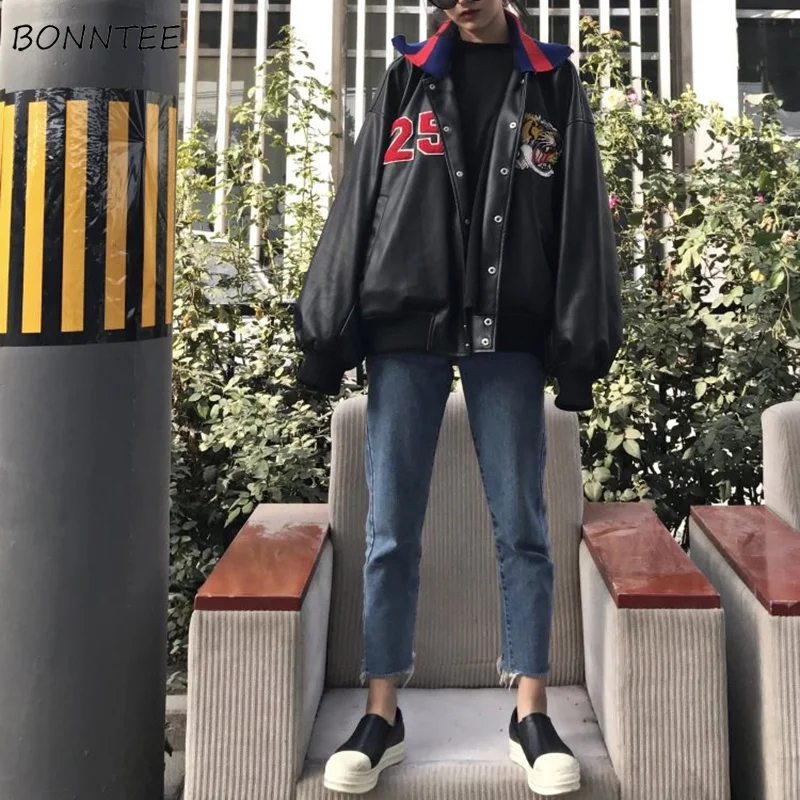 Женские куртки с забавной мультяшной вышивкой Harajuku, толстое пальто из искусственной кожи, Трендовое простое студенческое пальто для женщин в Корейском стиле, высокое качество