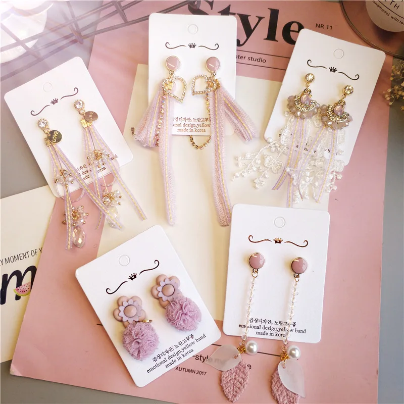 

Korean Dangle Drop Earrings Kawaii Cute Pink Purple Long Women Wholesale Lace Summer Heart Tassel Fashion Jewelry Accessories