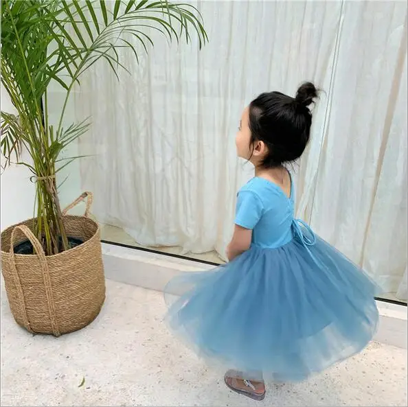 

2019 Summer Girls Performance Dress Kids Children Patchwork Mesh Yarn Lace Dress Princess Party Clothes Solid Cotton Girl Dress