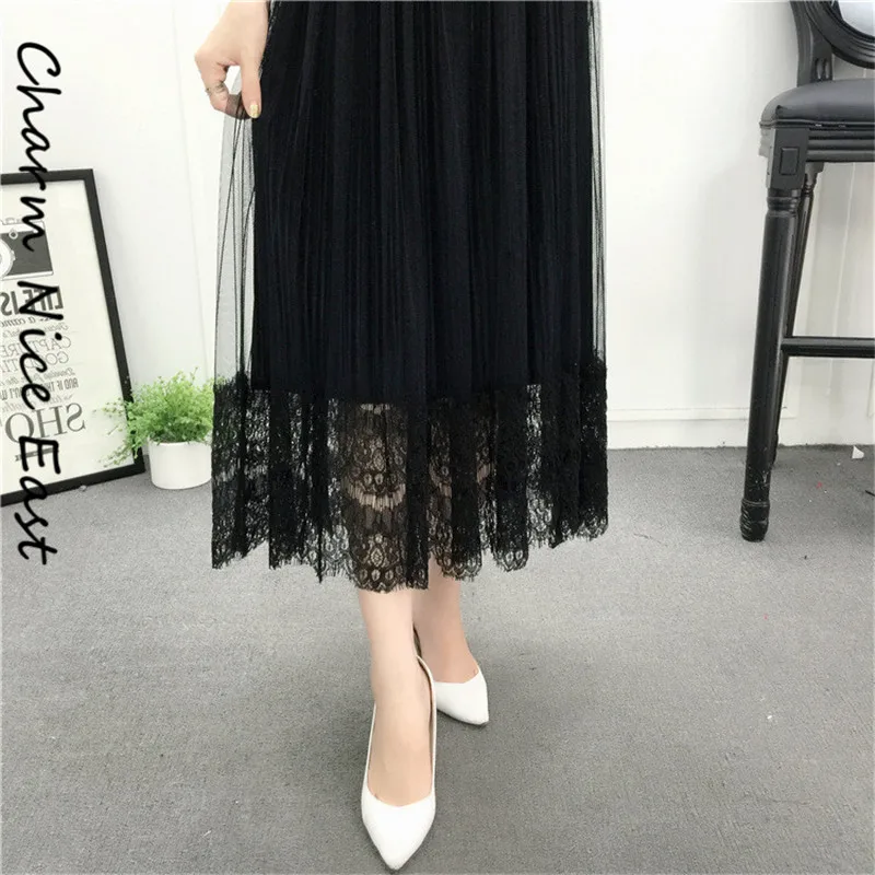 2018 Summer Fashion Gold Velvet lace skirt women Pleated Elegant Chic Mesh Mid-long Casual Solid color Sexy | Женская одежда