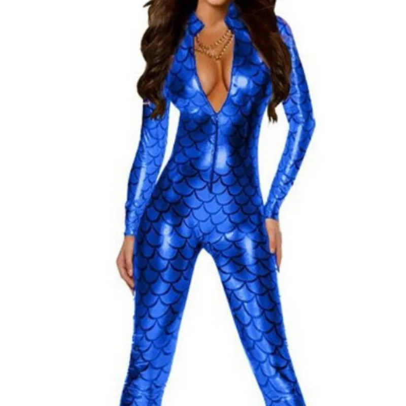 Женский комбинезон из змеиной кожи с длинным рукавом и глубоким V-образным