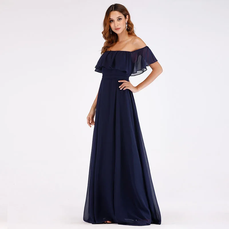 Navy Blue Платья для выпускного вечера, длинные, красивые, элегантные, с открытыми плечами, а-силуэт, с разрезом, свадебные платья для гостей, сексуальные, фиолетовые, шифоновые, длинные, вечерние платья - Цвет: Navy Blue