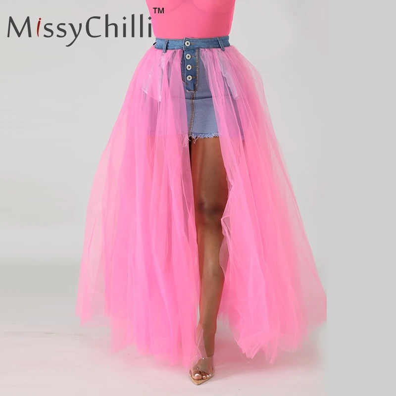 Розовый MissyChilli сетчатые Лоскутные юбки джинсовые с разрезом сексуальные летние пуговицы белая юбка с высокой талией женская уличная неоновая джинсовая юбка на пуговицах - Цвет: Розовый