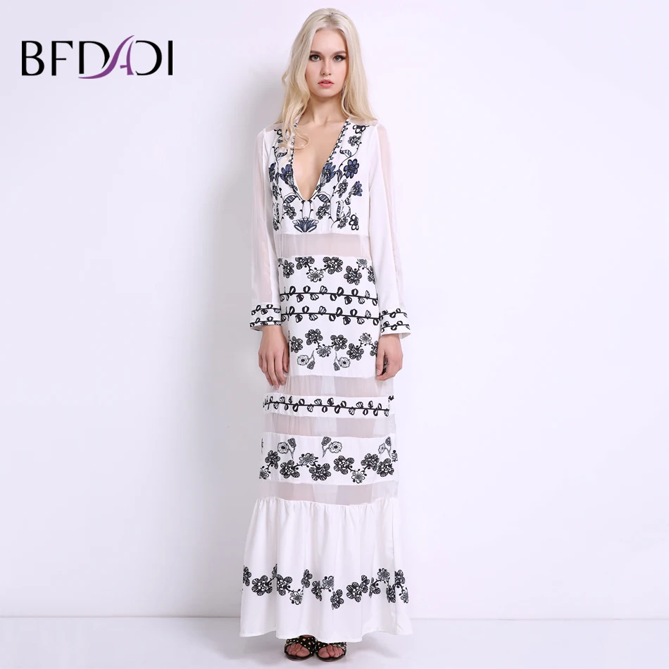 Bfdadi/Лето 2020 г. женские макси Dress пикантные повседневные Глубокий V Perspecti v e с белыми