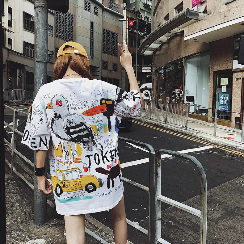 Летняя винтажная Длинная Футболка Harajuku с коротким рукавом, Женская белая футболка с мультяшным принтом, универсальные повседневные свободные женские топы, футболки