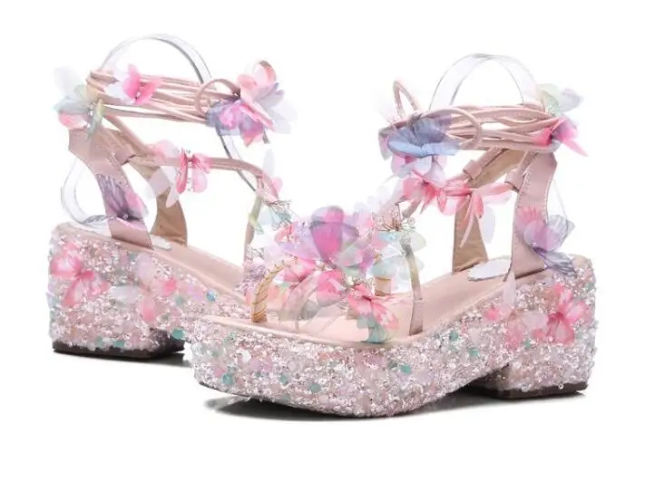 Новый стиль женщины толстый каблук туфли с открытым носком сандалии кристалл и