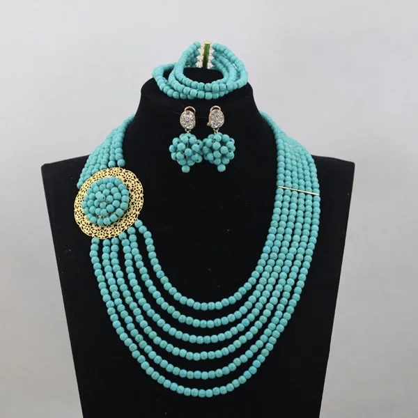 2017 Latest Desgin 6 Layers Blue African Beads Jewelry Set Costume Bridal Necklace Bracelet Earrings SetABL955 | Украшения и