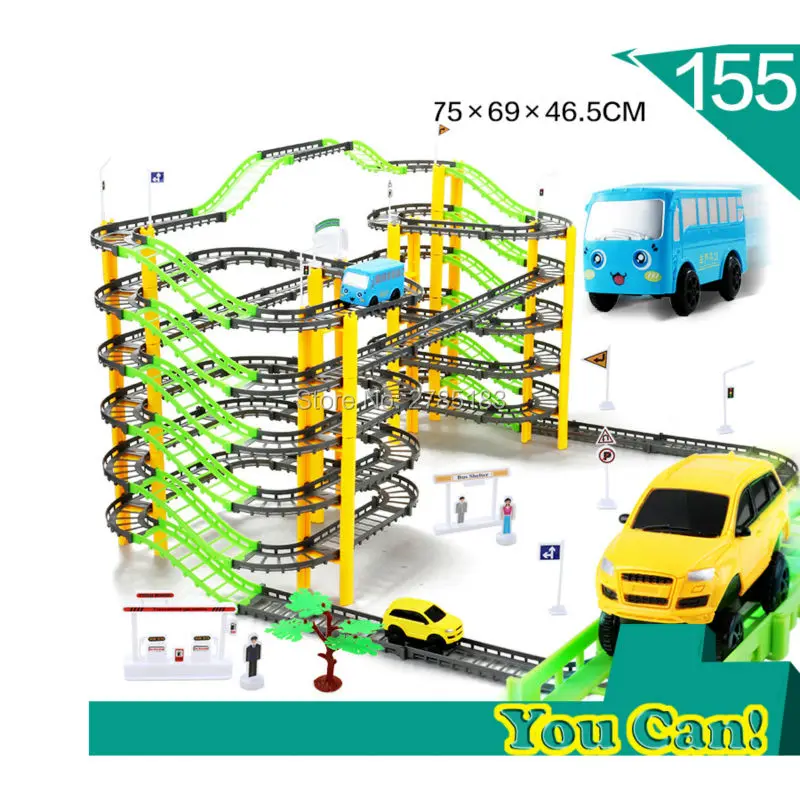 

155PCS/Set 7-Layers Electric Rail Car Rotary Building Model Kit Sets Train Track Slot Toy Baby Educational Racing Orbit Cars