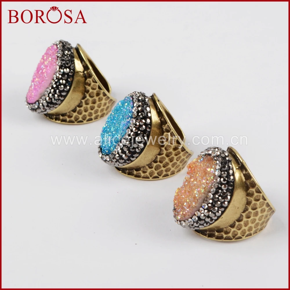 Овальный браслет из титана в форме бороса Радужный друзовый кварц Золотое кольцо