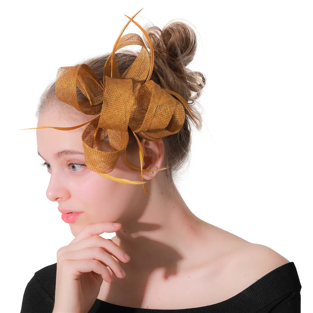 

Sinamay Gold Ladies Banquet Headdress Wedding Bridal Fascinators Hats Hair Pin Formal Dress Party Tea Headwear For Ladies Church
