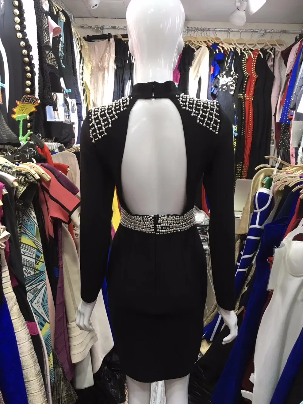 Бисер водолазка с длинными рукавами Черный спинки Коктейль бинты Summer2018 Vestidos