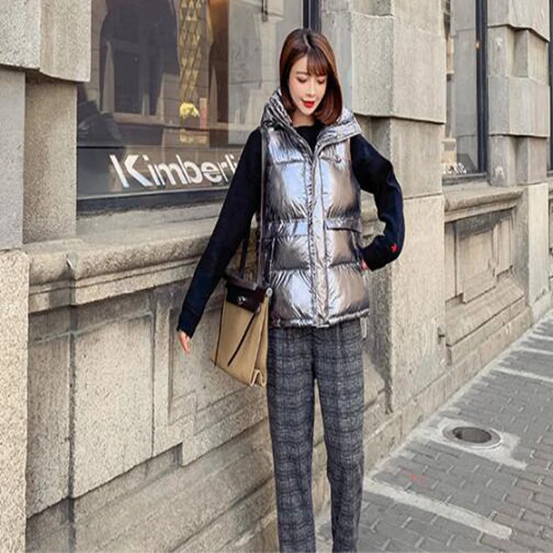 Женский Длинный жилет с капюшоном серебристый хлопковый пуховик в Корейском