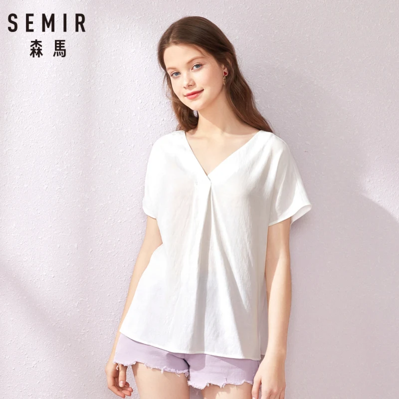Женская рубашка с коротким рукавом SEMIR Модная хлопковая блузка v-образным вырезом