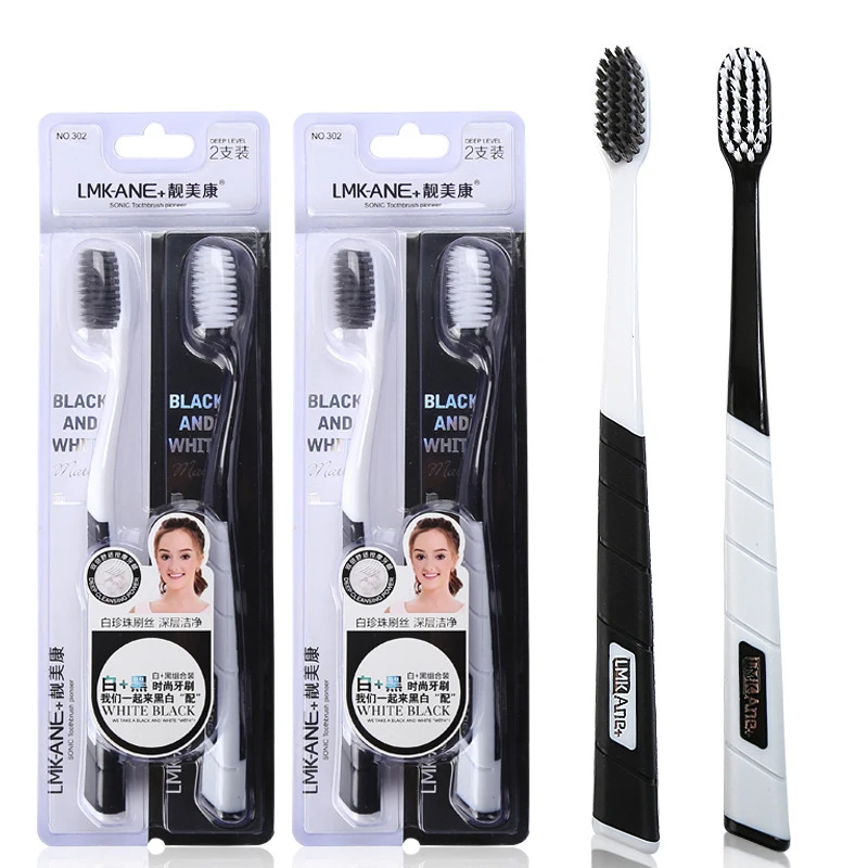 Взрослых Зубная щётка 2 шт мягкой щетиной пара черные и белые бамбуковый уголь