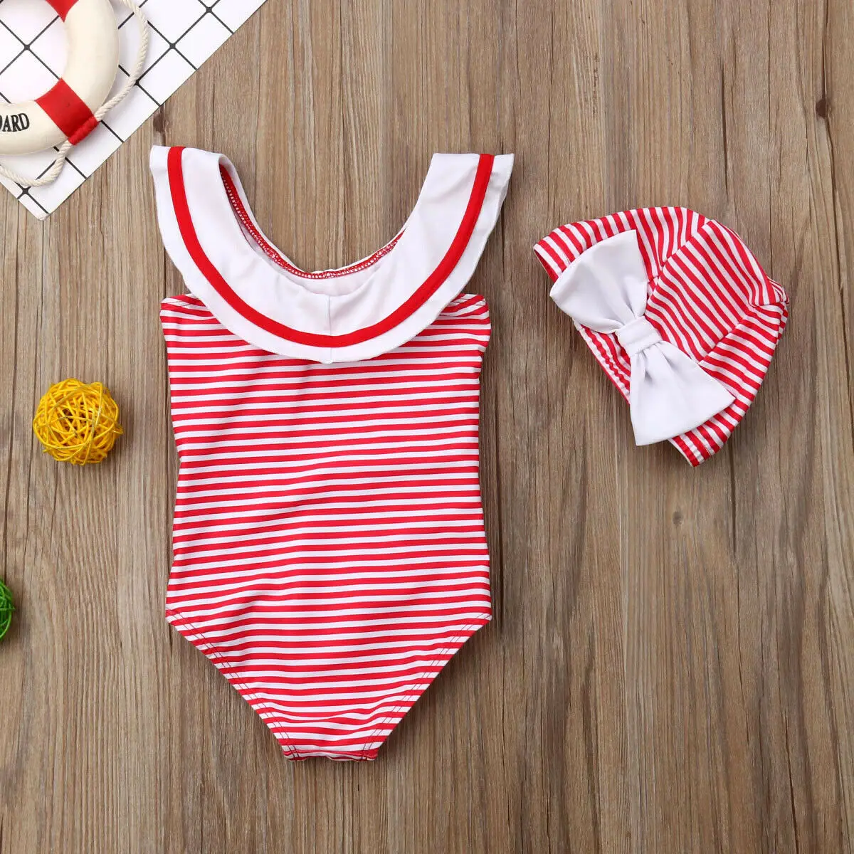 0-24M Newborn Baby Girl Swimsuit Striped Bow Swimwear Romper Hat 2PCS Swimming Beachwear Bathing Suit | Детская одежда и обувь
