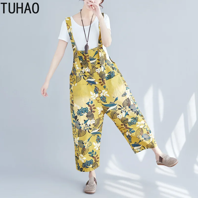 

TUHAO Baggy Denim Jumpsuits Female Plus Size Vintage Print Bib cowboy Pants Harem Rompers Harajuku drop Crotch Jeans LLJ