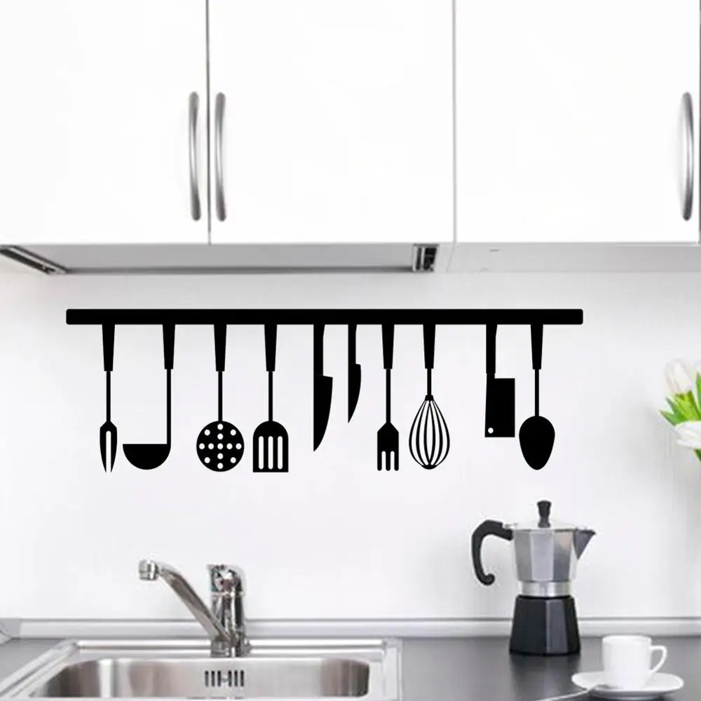 Ложка Вилка шпатель стены наклейки Ресторан Home Decor Кухня инструменты на черные
