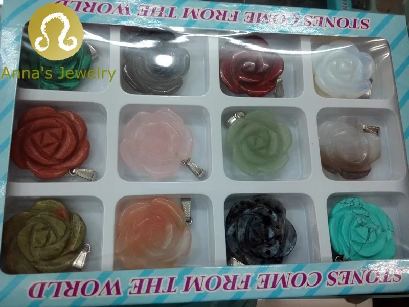 

New Big Size 30-35MM Mix Natural Semi-precious Stone Rose Flowers Pendants for Necklace Jewelry Findings 12Pcs/lot