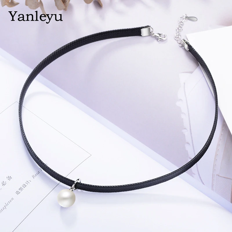 

Yanleyu Solid 925 Silver Choker Necklace Black Leather Velvet Strip Woman Collar Party Jewelry Simulated Pearl Accessories PN016