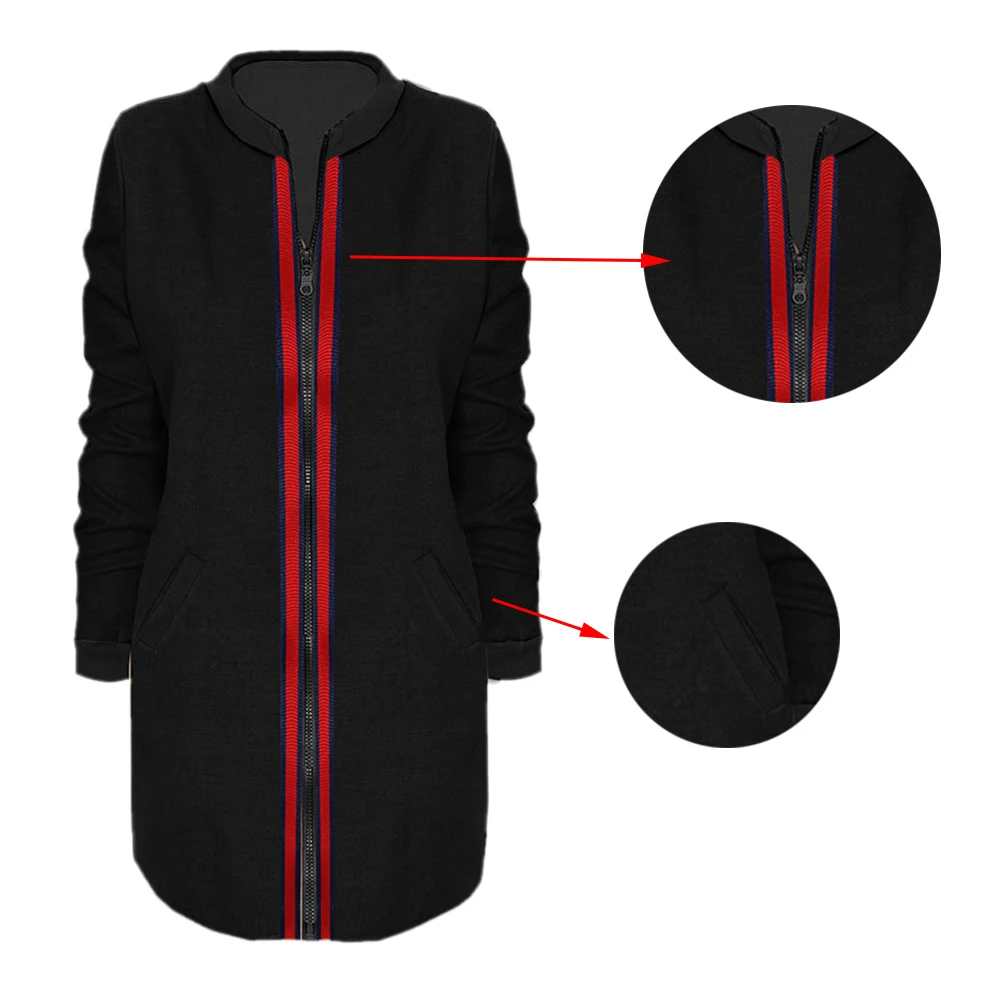 Autumn Winter Zipper Coat 2018 Fahsion New Womens Patchwork Blends Full Sleeve Pockets Casual Female Black Jumpers Warm | Женская одежда