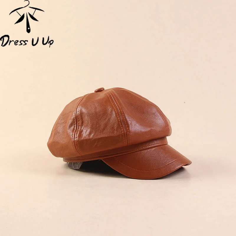 DRESSUUP Кожаная шапка, однотонная весенне-осенняя восьмиугольная кепка, Женский художественный Ретро берет, бейсболка, шапка, чёрный берет Femme - Цвет: Khaki