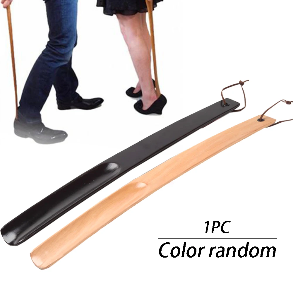 Portable Odor Resistant Pull Spoon Long Handle Wooden Shoe Horn Athletic Hanging Loop Hotel Home Wearing Durable Random Color