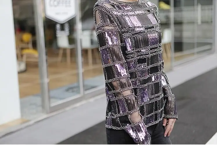 black purple Cakucool, женская блузка с блестками, топы, сетчатые блузы, с длинным рукавом, в клетку, расшитые бисером, золотые, серебряные, прозрачные, для девушек, Подиумные блузки, рубашки - Цвет: black purple