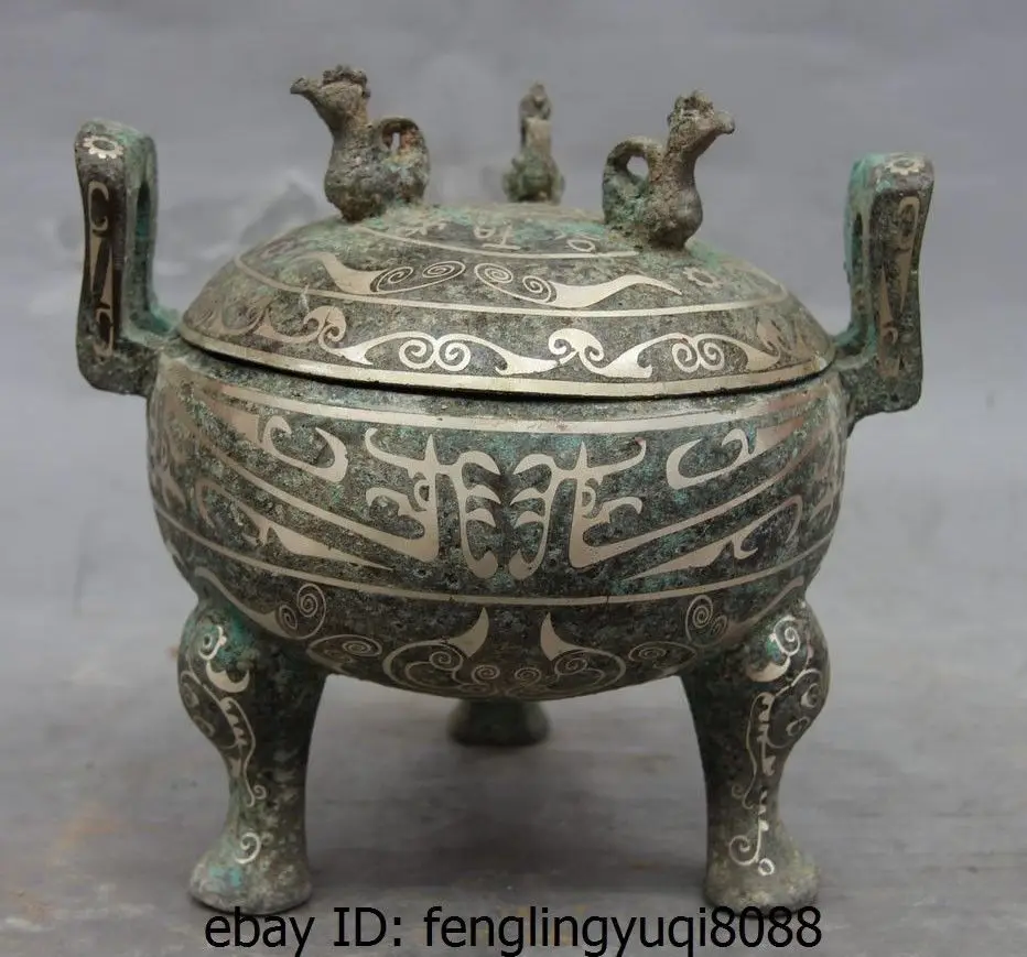 

China Pure Bronze Silver-Gilt Royal Pot kettle Incense Burner Censer Ding Tripod