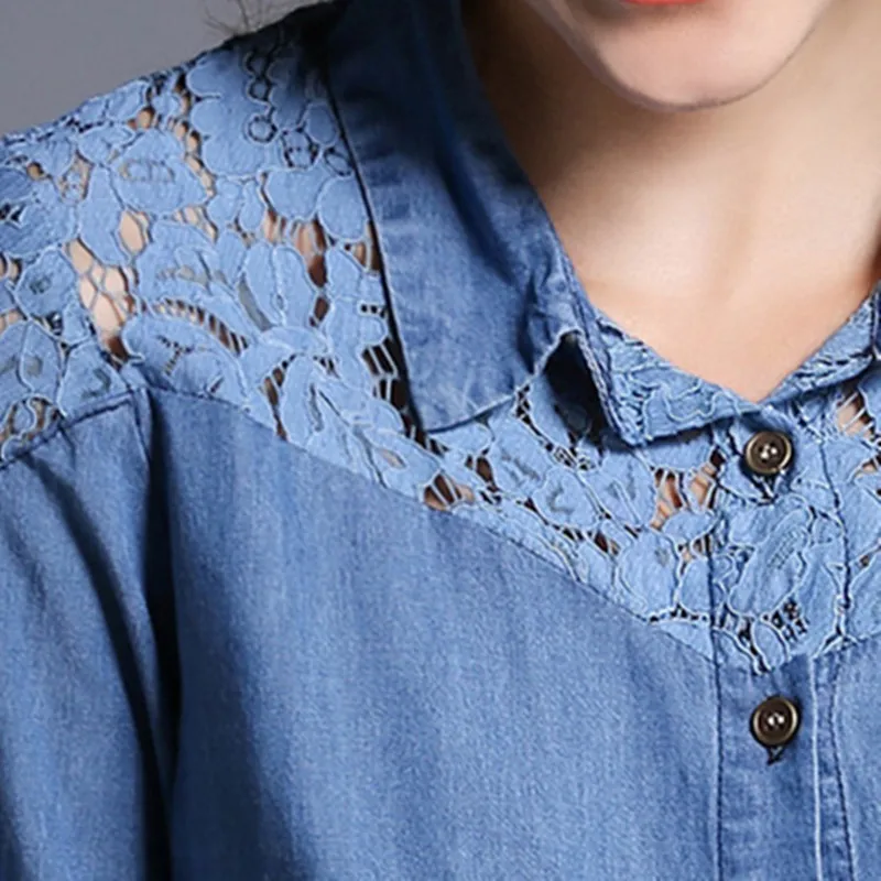 HziriP 2017 Euramerican Women Denim Tops Long Sleeve Shirts Lace Single Breasted Office Plus Size Female Blouse Spring Summer |