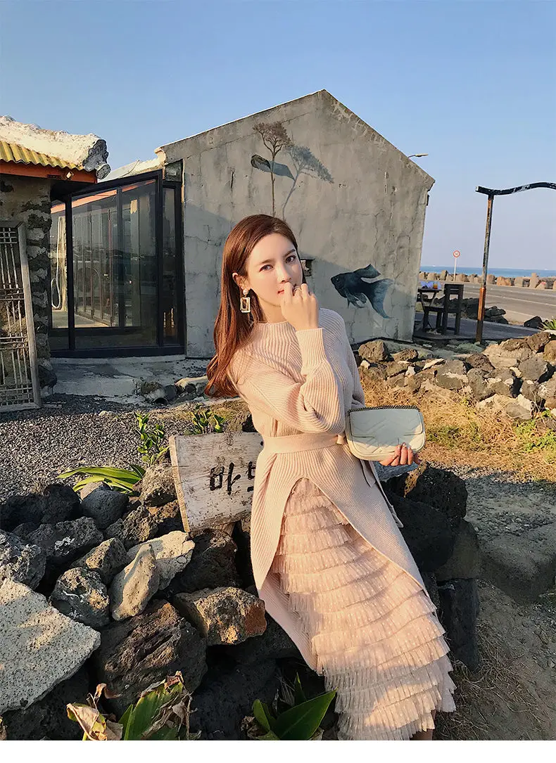 

Korean Style 2 Piece Set Women Full Sleeve Sweater Knitted Dress + Ruffle Skirt Two Piece Set Ropa Mujer