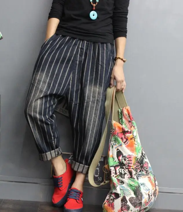 

Free size/ Hot / Spring Women New Fashion Personal casual jeans elastic waist vertical stripes radish Harlan 9 points pants