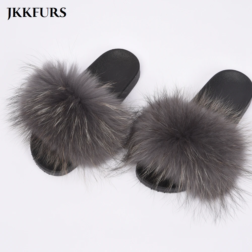 

2021 Real Raccoon Fur Slippers Women Fashion Style Slides Spring Autumn Winter Indoor Flip Flop Flat S6020
