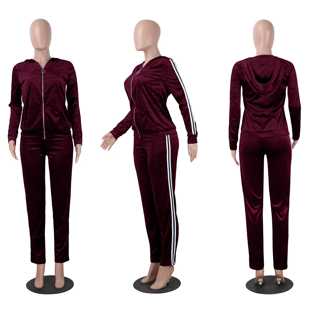 

Autumn Casualsolid Hooded Full Sleeves Zippers Coat Lace Up Full Length Pants Four Colour Women Suits