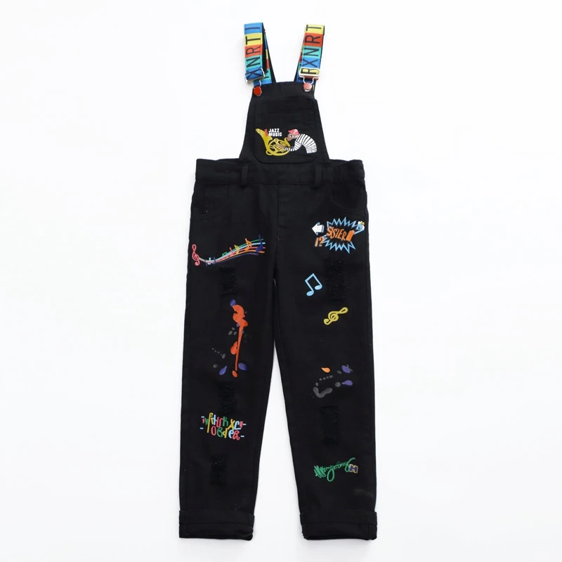 Модные джинсы для девочек детский комбинезон рваные брюки карандаш с граффити